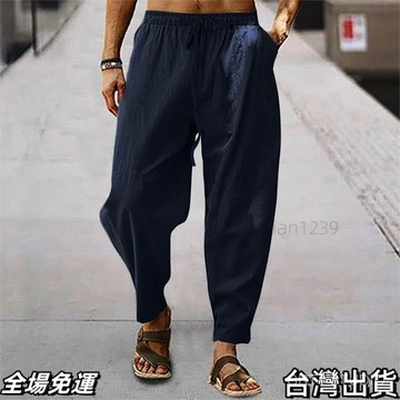 台出免運  歐美男士新款2025新款男式純色抽繩棉麻寬鬆休閒沙灘休閒褲AA