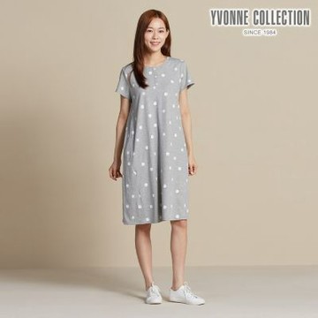 YVONNE 以旺傢飾 圓點印花短袖洋裝-迷霧灰