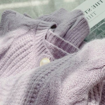 歐貨歐洲站高級浣熊絨軟糯毛衣女冬小個子奶芋淡紫色針織開衫上衣