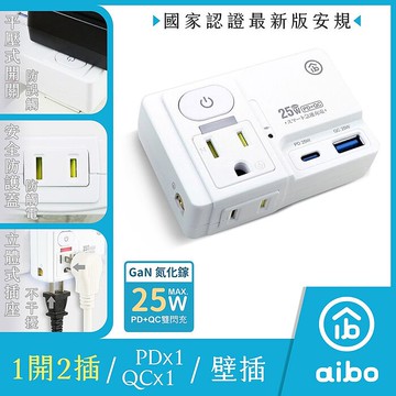 aibo 氮化鎵 平壓式1開2插 PD25W快充 USB壁插(高溫斷電智慧 )