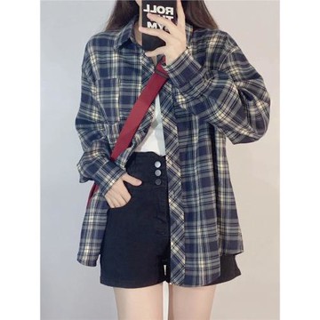 格子防曬襯衫女秋冬慵懶薄款大碼胖mm設計感小眾寬松長袖上衣外套