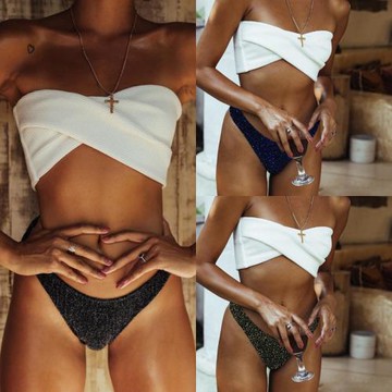 2020歐美爆款女士分體泳衣閃光不規則抹胸性感沙灘分體度假bikini
