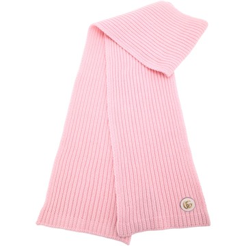 GUCCI 古馳 GG 金屬皮革標粉色羅紋羊毛混紡圍巾