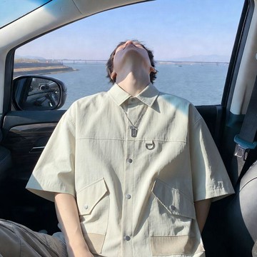 休閒男士短袖外套 透氣 涼爽 百搭新款男士純色襯衫日常潮流百搭休閒時尚舒適短袖外套套裝0725