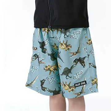 日本 ZOOLAND - 抗UV 童趣印花海灘褲／泳褲(含內褲)-恐龍-水藍