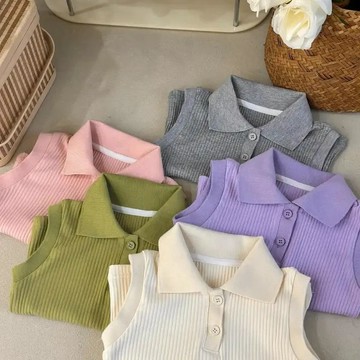 兒童純色坑條polo領無袖女寶寶背心夏季新款女孩翻領洋氣上衣外穿 女童背心 可愛無袖上衣 夏天T恤 中小童夏裝