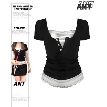【ANT】蕾絲拼接假兩件短袖t恤女 假兩件 正肩 T恤 短版上衣 設計感上衣  蕾絲上衣 高級感上衣 短t 短袖t恤女