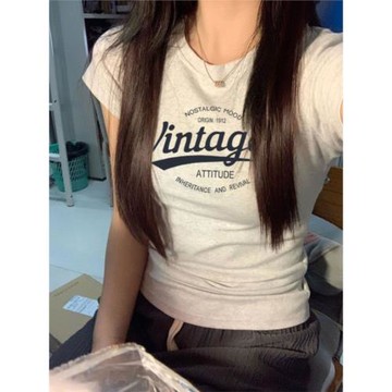 美式復古正肩短袖t恤女裝夏季新款修身純棉體恤bm風甜辣妹小上衣