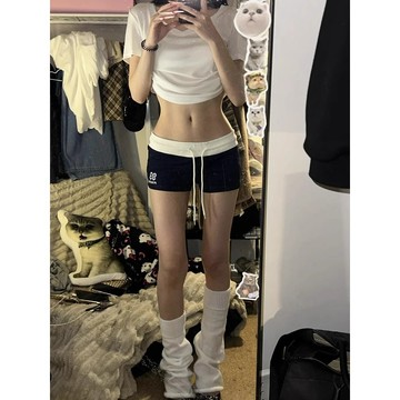 TGNS  低腰短褲  美式  運動短褲 休閒短褲  修身短褲  辣妹短褲   遮胯褲子  帶繩子  褲子女