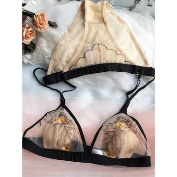 刺繡無鋼圈兔耳朵性感薄款超薄文胸套裝女性顯小胸內衣三角杯夏季
