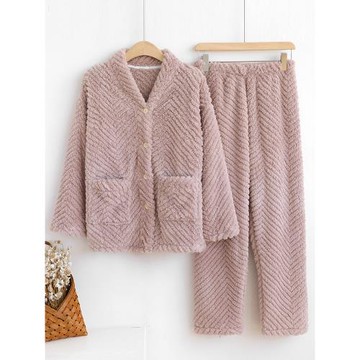 2025年冬季新款珊瑚絨睡衣女士加絨加厚純色簡約法蘭絨家居服套裝