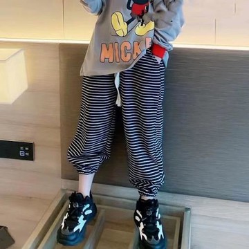 女童春秋長褲2025新款兒童運動褲時髦寬松褲子網紅炸街條紋休閑褲
