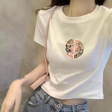 胖胖美依 短版上衣 短袖T卹 印花上衣 簡約 S-2XL新款薄款圓領小個子顯瘦短上衣-6921.