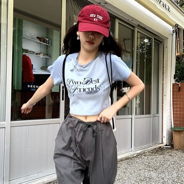 💛限時下殺💛美式複古短款T恤女短袖夏新款撞色辣妹修身體恤高腰緊身上衣ins潮