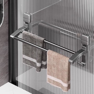 吸盤毛巾架免打孔毛巾杆衛生間槍灰浴室雙杆壁掛式掛毛巾架子