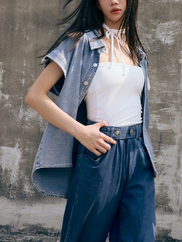 純棉牛仔反摺小飛袖開襟背心上衣