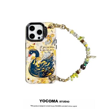 淡水珍珠手機鏈不規則水晶碎石串珠適用蘋果系列iPhone15新款手機殼支架鏡頭膜藍光高貴黑天鵝14promax13