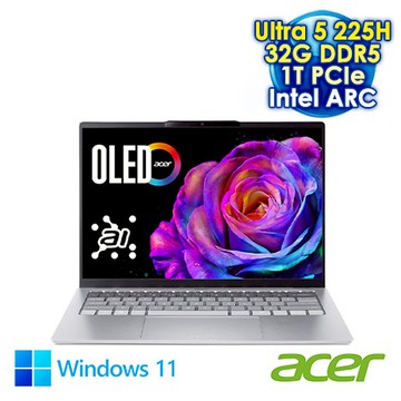 ACER Swift Go 14 SFG14-74-52KR 銀 14吋AI&Evo筆電 (2.8K OLED/Intel Ultra 5 225H/32G DDR5/1T PCIE