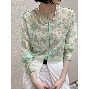 日系 花朵印花透感兩件套網眼長袖T恤打底外穿