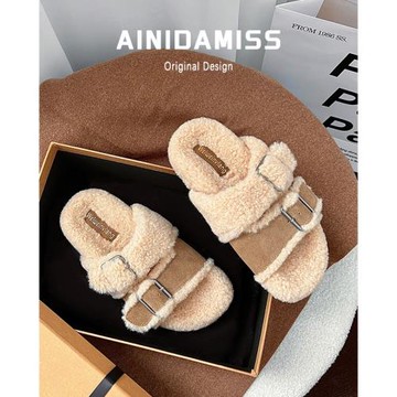 羊皮版~厚底一字羊羔毛毛拖鞋女外穿2024新款秋冬高級感毛絨棉鞋