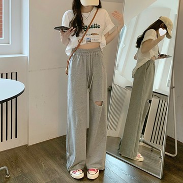 韓版寬鬆小個子灰色刷破休閒寬褲【P138】