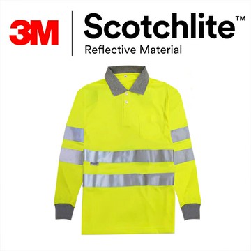 灰領螢黃反光條長袖口袋polo衫 3M Scotchlite保證 Safetylite