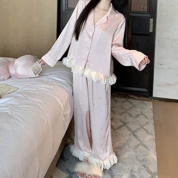 新款睡衣秋季冰絲法式甜美公主風印花長袖長褲套裝家居服可外穿女