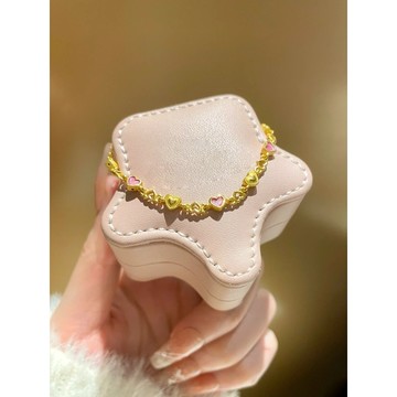 ［Hi rosé!］現貨、超美！芭比公主愛心蜜粉金色燒藍手鍊女 小巧精緻極細粉琺瑯滿圈桃心手串 結婚 訂婚 婚戒 鑽戒