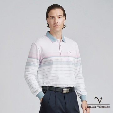 【Emilio Valentino范倫鐵諾】男裝彈性吸排薄長袖POLO衫_粉灰白(15-4V8953)