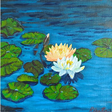 黃色和白色睡蓮原創藝術花卉繪畫 RinaArtSK