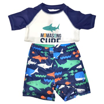 momasong 男童分體泳衣 短袖上衣+泳褲有綁帶+帽  4  深藍字母鯊魚