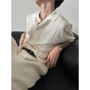 美式復古鏤空方領短袖針織衫夏季時髦寬松慵懶蕾絲半袖高級男襯衣