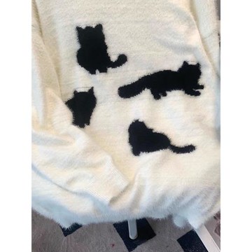 貓咪馬海毛毛衣男女情侶秋冬潮牌美式復古寬松慵懶針織衫