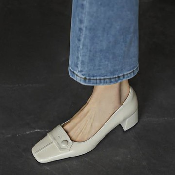 手工真皮~簡單大方~春秋中粗跟單鞋女法式方頭高跟鞋優雅淺口女鞋