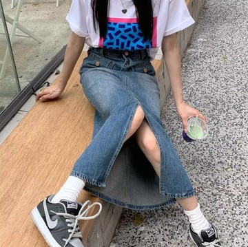 中大尺碼女裝 高腰顯瘦牛仔裙 中長款a字設計 女夏季新款開叉包臀長裙 胖MM 櫻桃嚴選