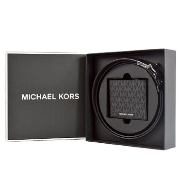 MICHAEL KORS 男款 灰字MK緹花LOGO防刮雙面用皮帶/八卡短夾禮盒-黑色