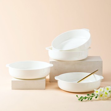 景德鎮純白骨瓷窩盤深口盤子菜盤家用餐具日式雙耳防燙蒸雞蛋深盤