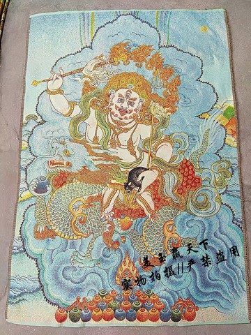 密宗白財神唐卡畫刺繡 佛堂裝飾畫 宗教用品 金絲織錦畫像 掛畫