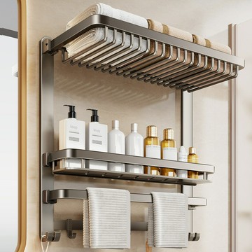 ??快速出貨 可開發票 毛巾架衛生間置物架一體免打孔壁掛浴室廁所衛浴套裝太空鋁浴巾架