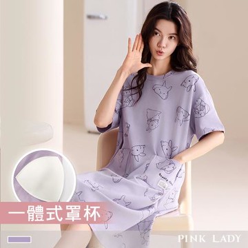 【PINK LADY】罩杯式 純棉連身睡裙 邦尼樂園 短袖睡衣 居家服(女睡衣/圓領/連衣裙/春夏睡衣) 55109