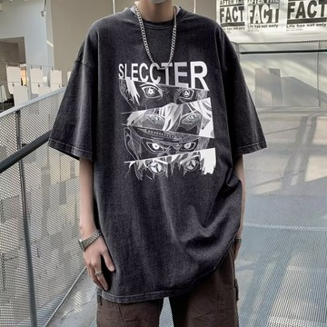 純棉水洗T恤男 夏季薄款水洗復古做舊T恤短袖男 五分袖 印花短袖男 慵懶潮流ins印花短袖 大尺碼水洗印花T恤 短袖男