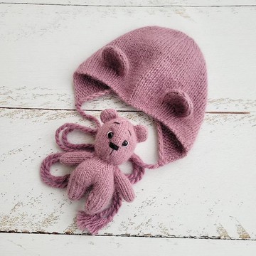 新生兒紫丁香粉紅熊帽與絨毛玩具，針織嬰兒拍照道具