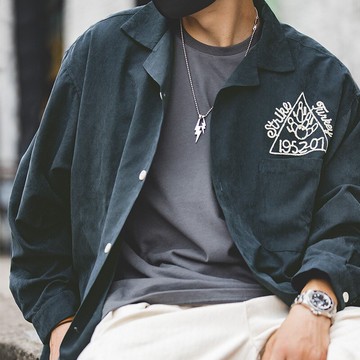 馬登工裝美式復古墨綠保齡球古巴領襯衫磨毛寬松桃皮加絨打底男潮