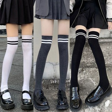 9過膝襪 襪子女 春秋學院風jk學生過膝襪百搭襪子女ins潮日系二杠條紋高筒襪 絲襪 堆堆襪