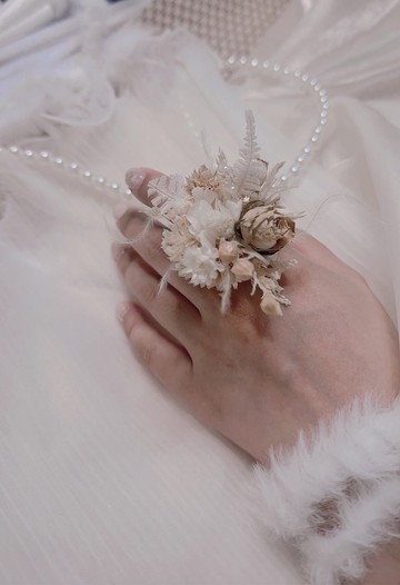 手作乾燥花戒指 - 法式優雅 米白系列一