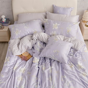 戀家小舖 60支天絲床包被套4件組  床包 + 枕套 x 2 + 薄被套  雙人加大  沐雅春風 紫色