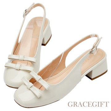 【Grace Gift】甜美雙蝴蝶結圓頭後空跟鞋 米漆