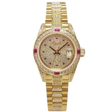 Ogival 愛其華 天星 晶鑽金色腕錶/紅寶石-女錶-贈送愛其華超薄陶瓷錶-黑白選1(30329L-29K)35mm