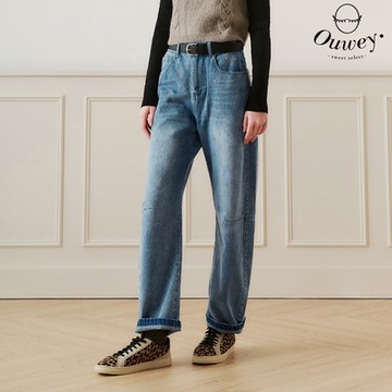 OUWEY歐薇 日系簡約寬直筒牛仔長褲(藍；S-L)