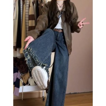 毛邊a版闊腿牛仔褲女梨型身材顯瘦褲子大碼胖mm流蘇大褲腿直筒褲
